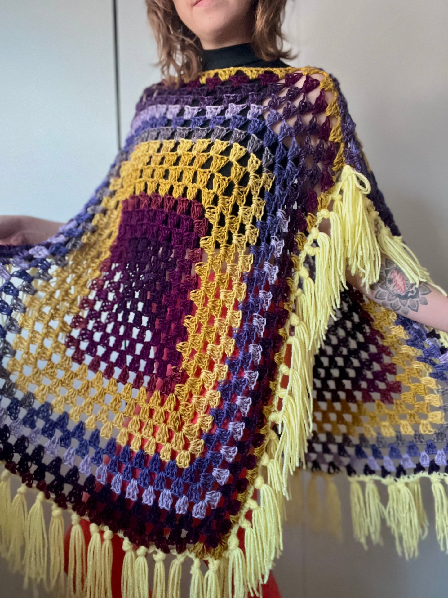 The Mikara Crochet Poncho Purple/Yellow XS-XL
