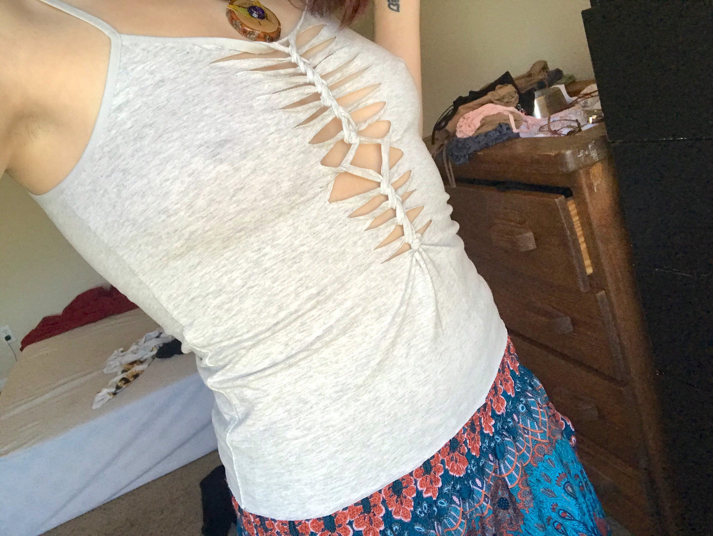 Front and Back Slit Weave Shirt Gray Braided Boho Hippie Camisole for Women