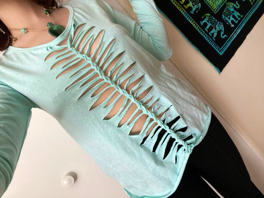 S/M/L Mint Green Front and Back Slit Weave Long Sleeve Shirt