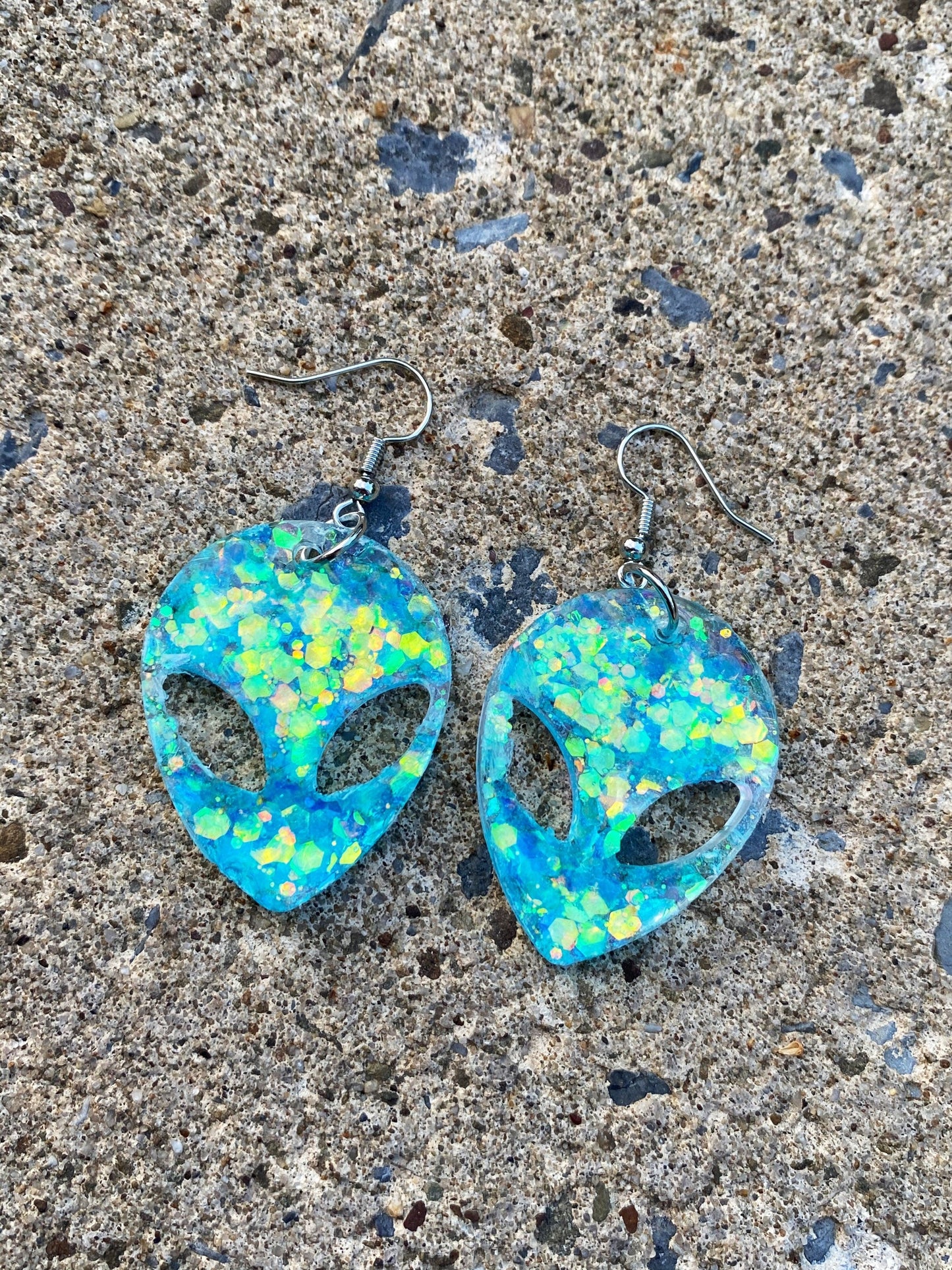 Blue Iridescent Trippy Alien Head Earrings