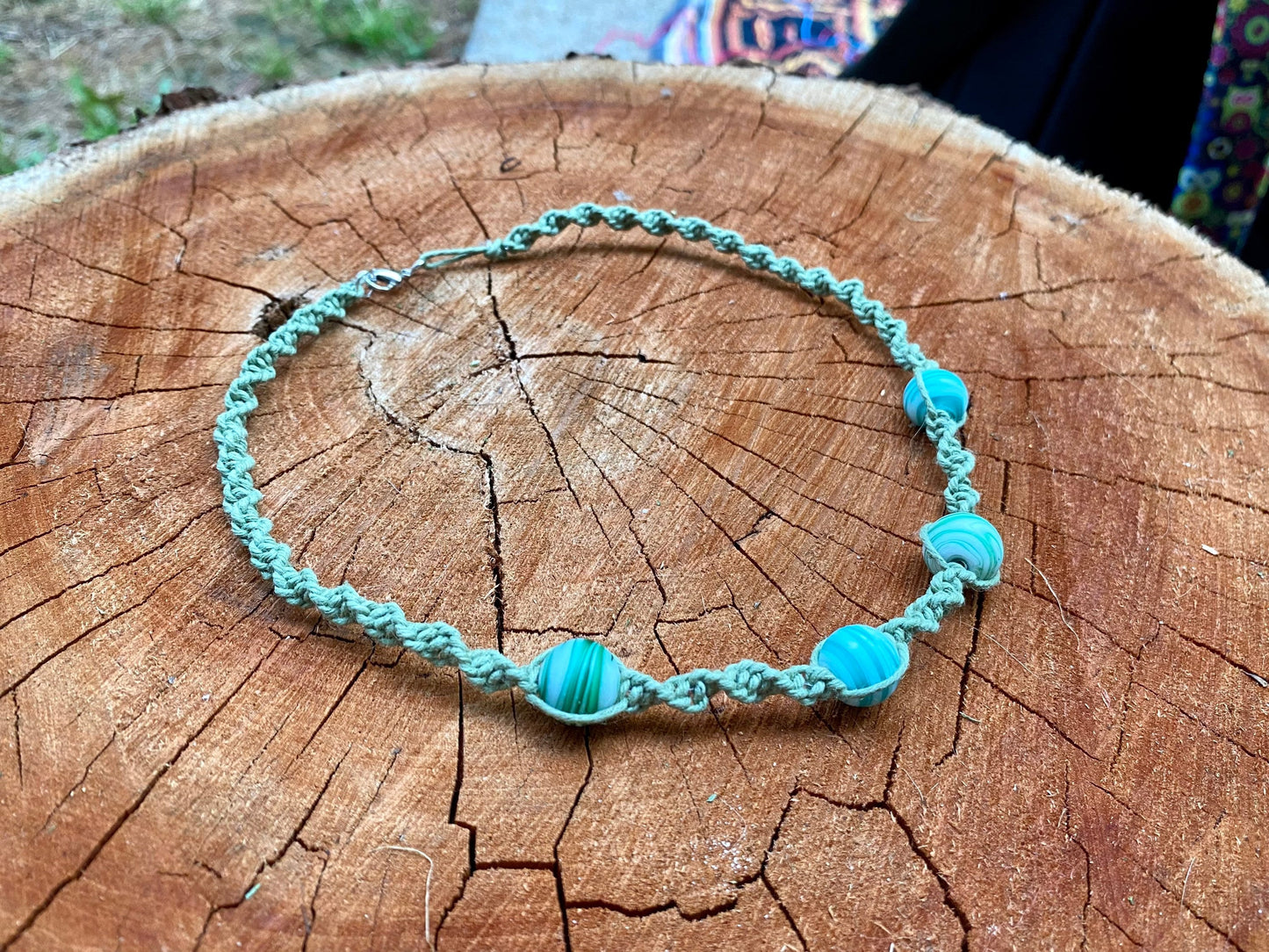 Mint Green and Sea Glass Beaded Hemp Choker
