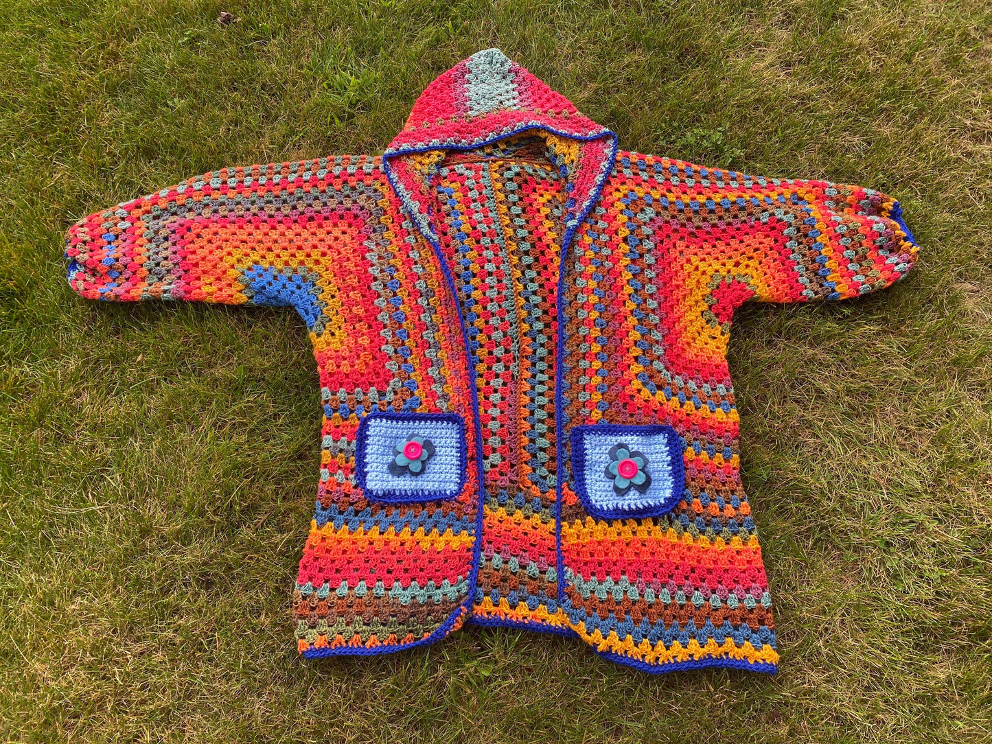 Customizable Rainbow Flower Pocket Crochet Cardigan
